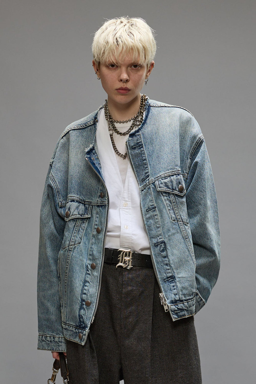 COLLARLESS TRUCKER JACKET - CAXTON BLUE | R13 ONLINE