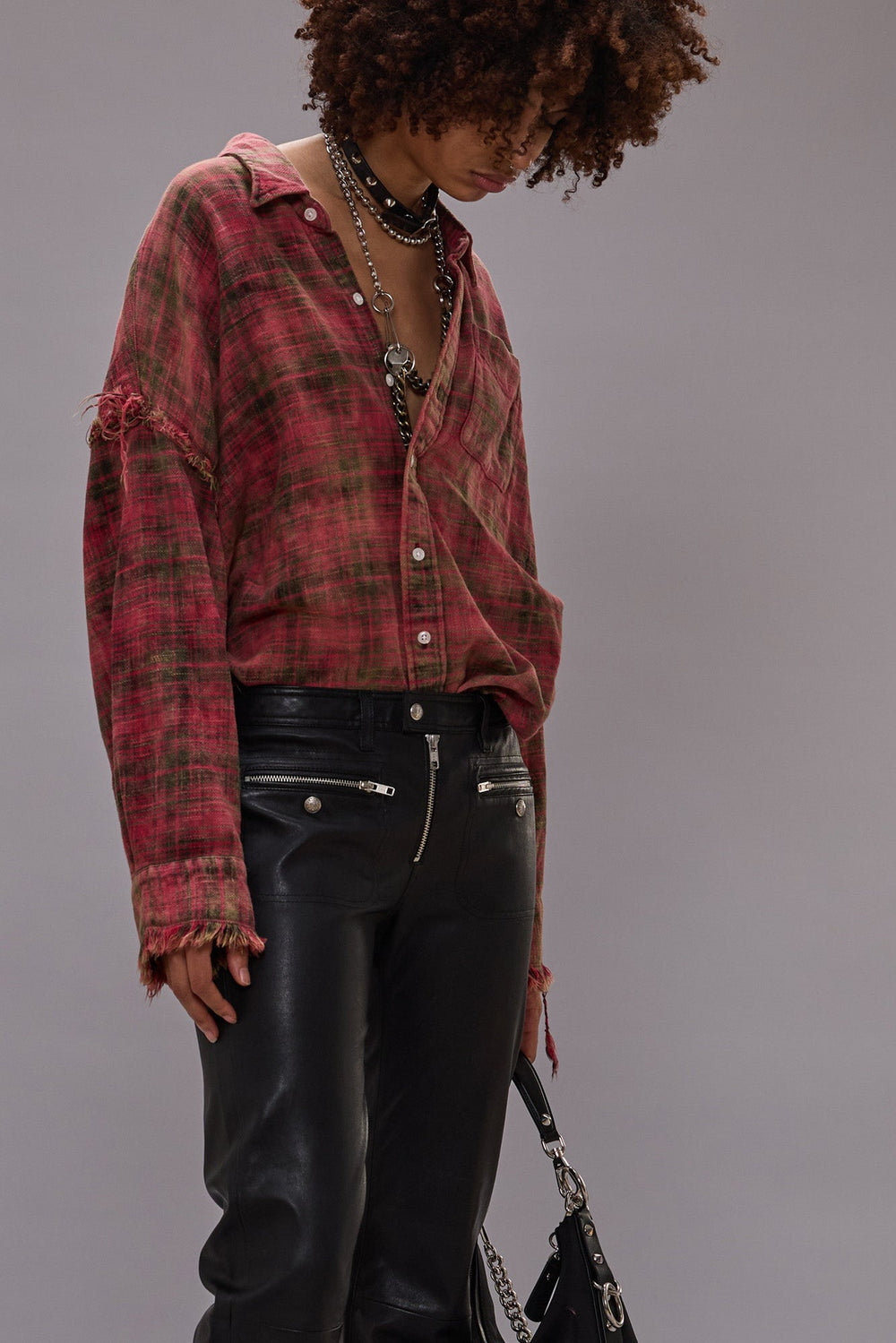 SHREDDED SEAM DROP NECK SHIRT - BLEACHED OUT RED PLAID | R13 for sale