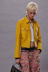 CROPPED SHRUNKEN ZIP-UP LEATHER JACKET - YELLOW / AQUA | R13 outlet