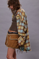 SHREDDED SEAM DROP NECK SHIRT - LIGHT BLUE/YELLOW PLAID | R13 ONLINE