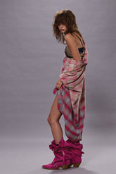 PLAID OVERSIZED BOXY SHIRTDRESS - BLEACHED OUT PINK/GREY PLAID | R13 near me