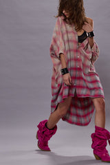 PLAID OVERSIZED BOXY SHIRTDRESS - BLEACHED OUT PINK/GREY PLAID | R13 near me