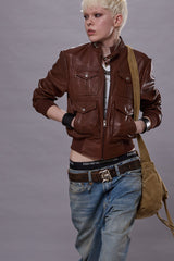 SHRUNKEN ZIP-UP LEATHER JACKET - BROWN | R13 US