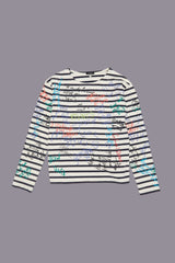 END OF THE YEAR LONG SLEEVE TEE - NAVY/ECRU WIDE STRIPE W/ SCRIBBLES | R13 near me