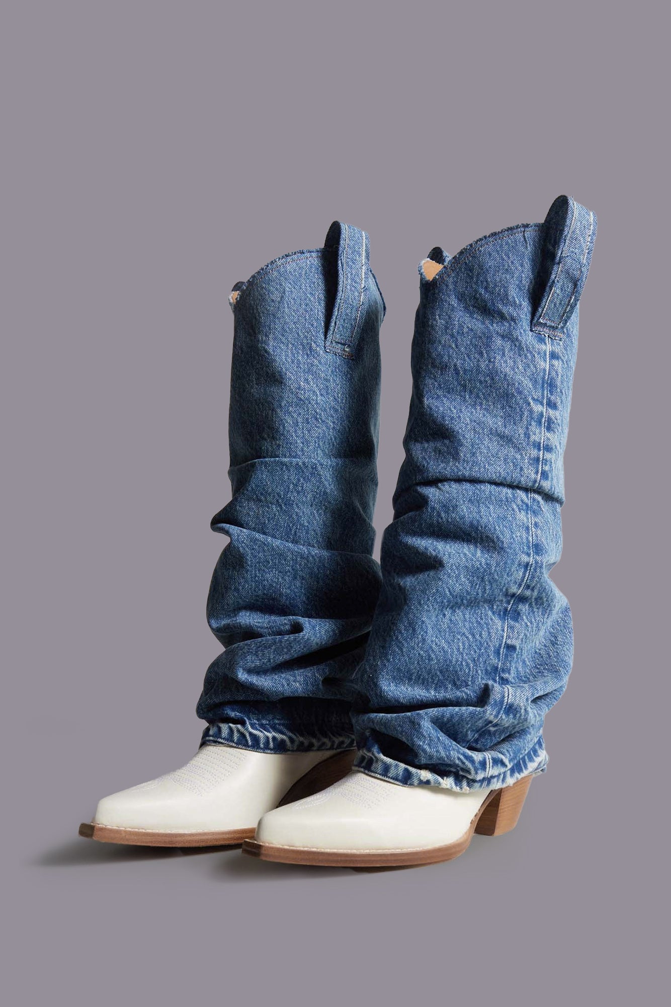 MID COWBOY BOOTS WITH DENIM SLEEVE - BLUE AND WHITE | R13 US
