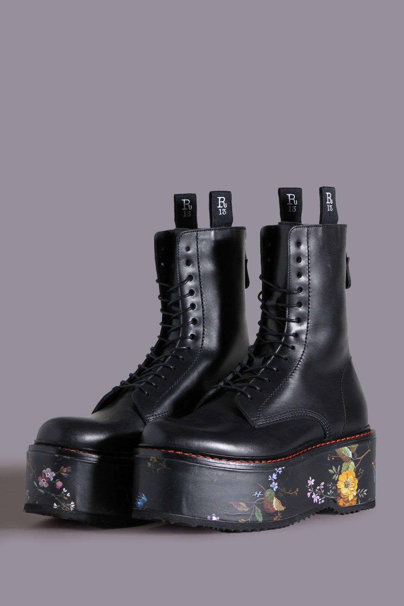 DOUBLE STACK BOOT - BLACK WITH FLORAL PLATFORM COMBAT BOOTS | R13 for sale