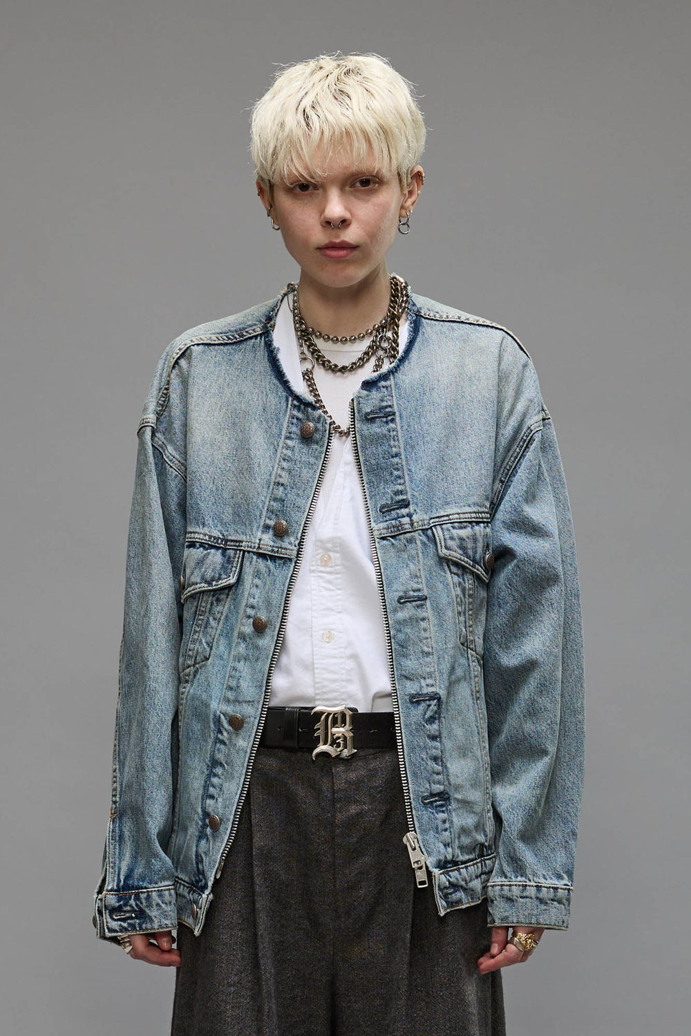 COLLARLESS TRUCKER JACKET - CAXTON BLUE | R13 ONLINE