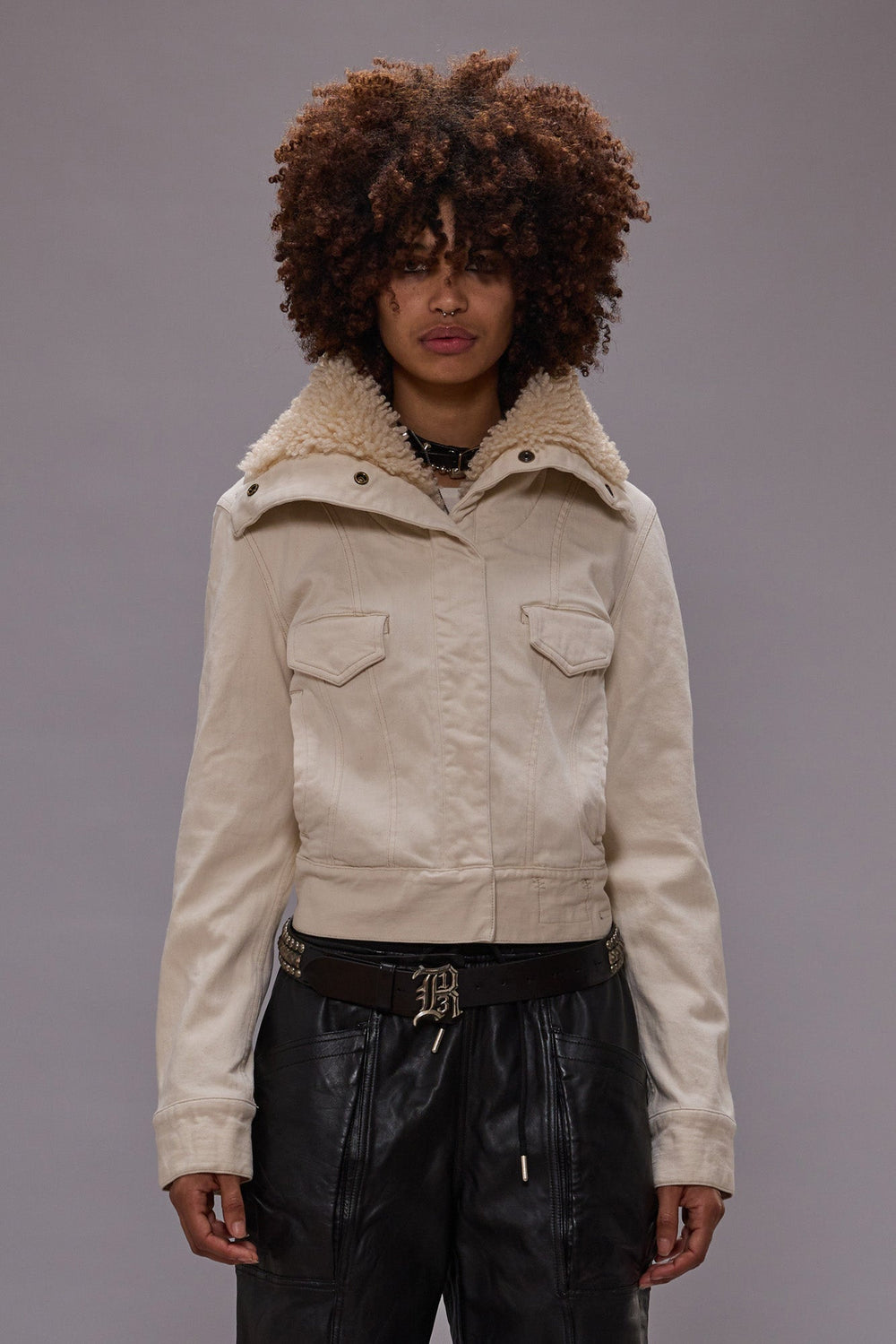 HIGH NECK TRUCKER JACKET - ECRU STRETCH | R13 near me