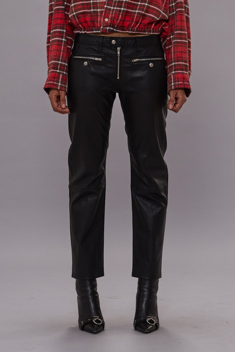 LEATHER BOY STRAIGHT PANT WITH ZIPPERED POCKETS - BLACK | R13 near me