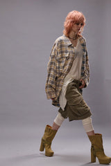 OVERSIZED POCKET DROP NECK SHIRT - CREAM/BLUE PLAID | R13 outlet