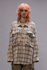 OVERSIZED POCKET DROP NECK SHIRT - CREAM/BLUE PLAID | R13 outlet