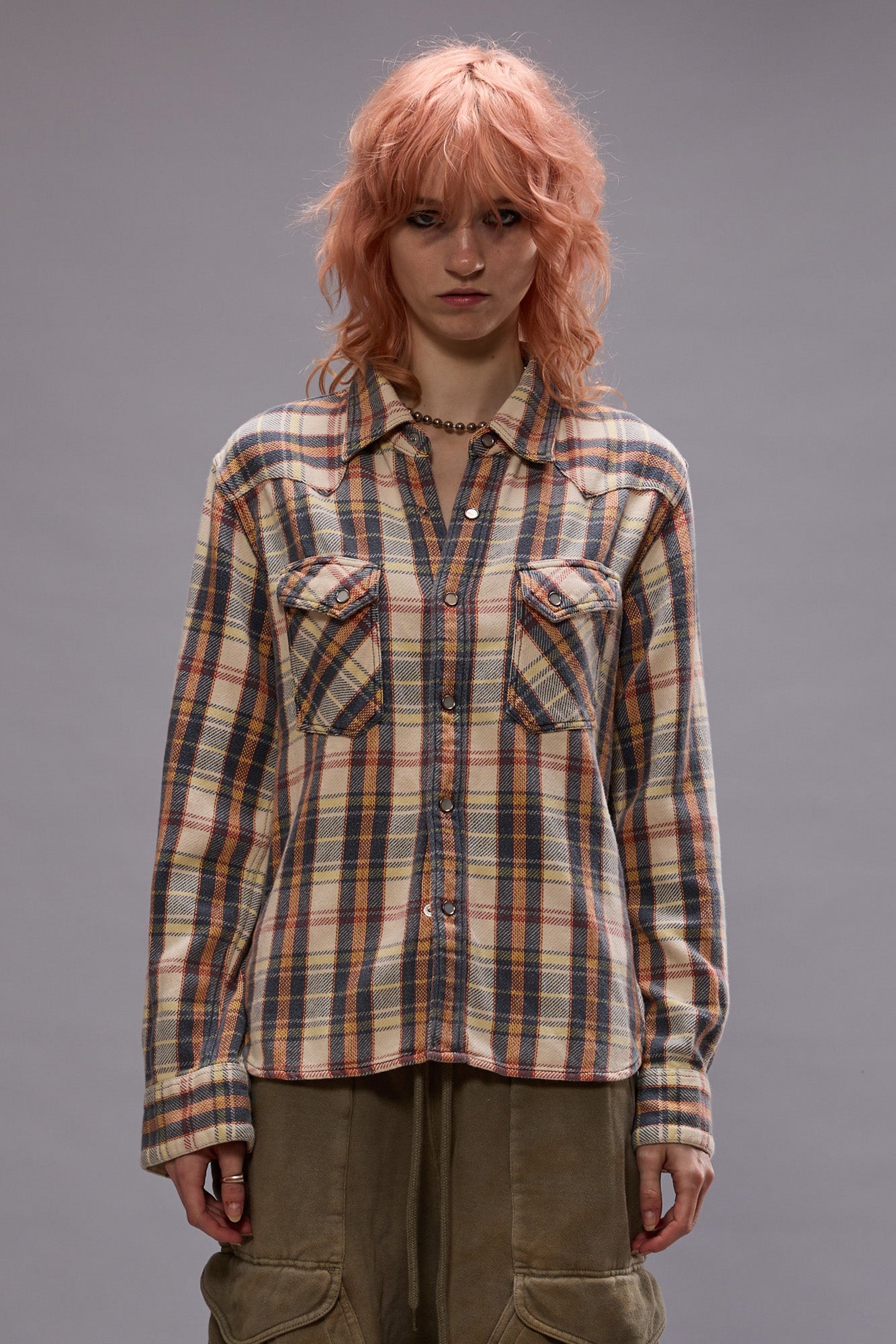 SLIM COWBOY SHIRT - CREAM/GREY/ORANGE PLAID | R13 sale