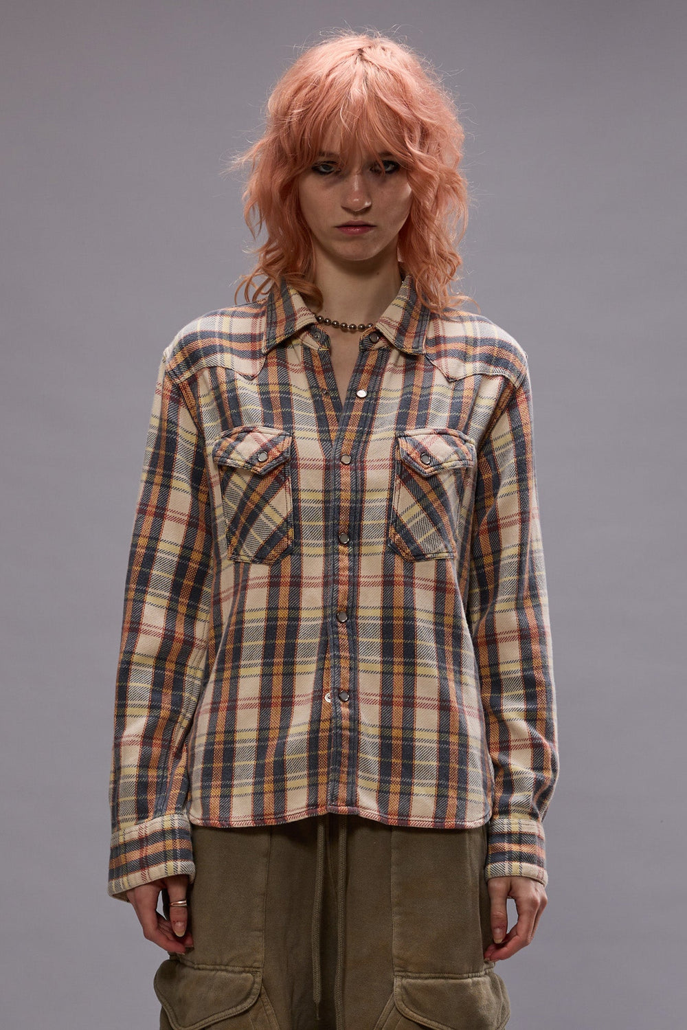 SLIM COWBOY SHIRT - CREAM/GREY/ORANGE PLAID | R13 sale