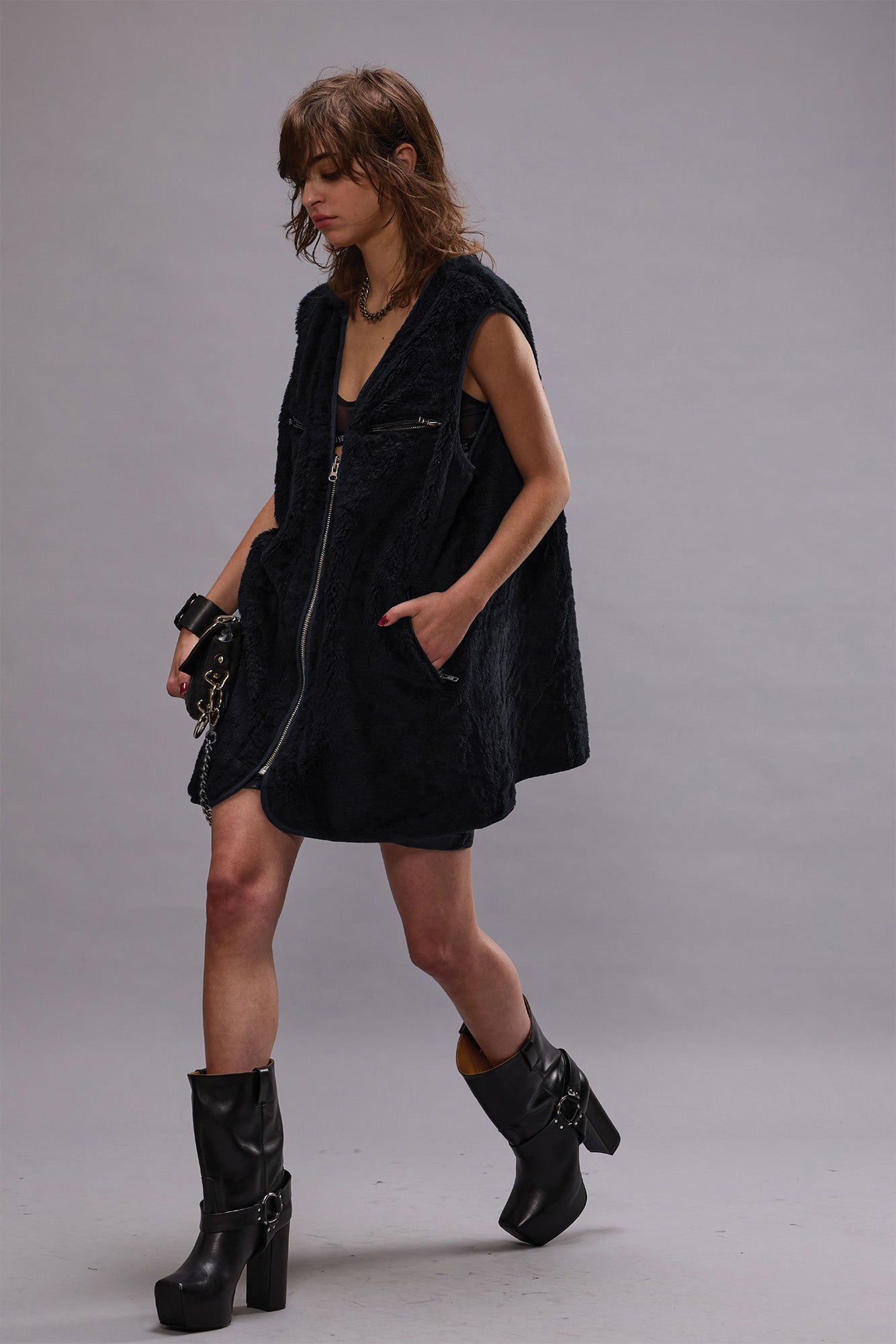 ZIPPERED FUR VEST - MIDNIGHT | R13 outlet