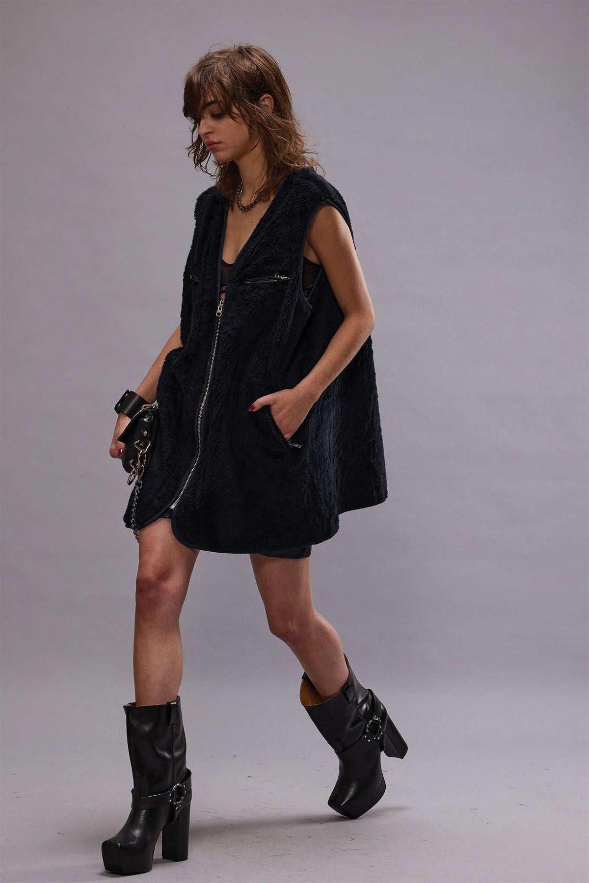 ZIPPERED FUR VEST - MIDNIGHT | R13 outlet
