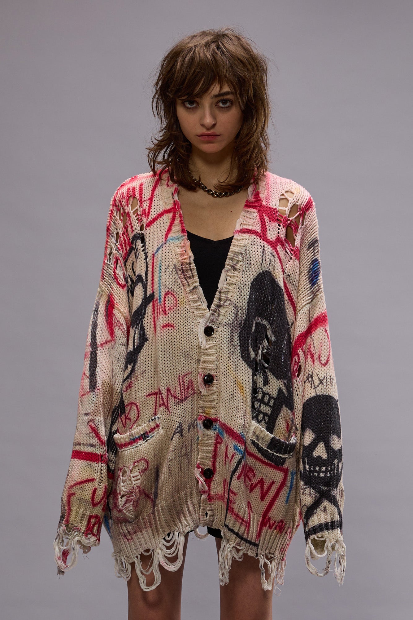 PRINTED OVERSIZED CARDIGAN - SKULL GRAFFITI PRINT | R13 US