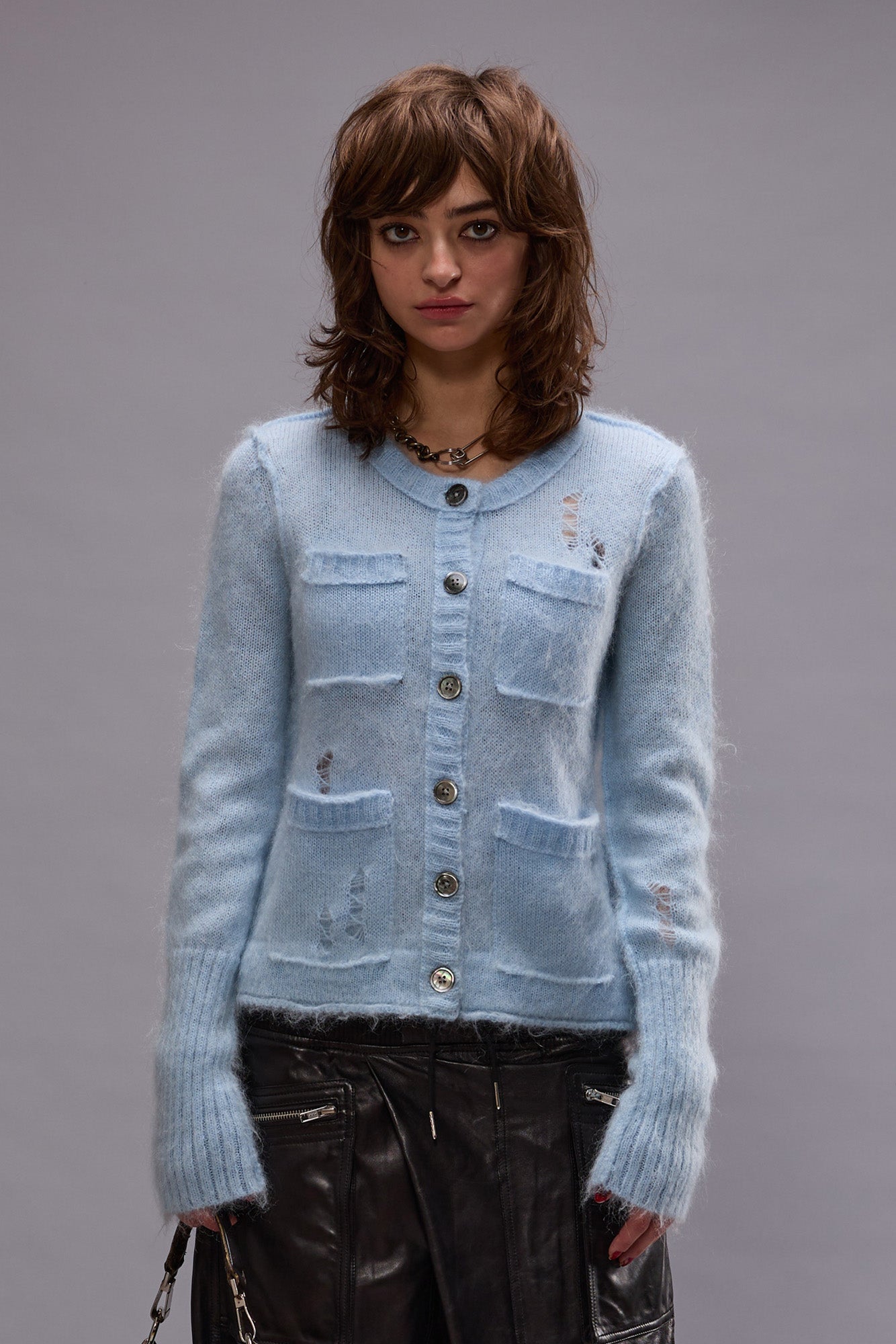 ELONGATED SHRUNKEN CREWNECK CARDIGAN - LIGHT BLUE | R13 sale
