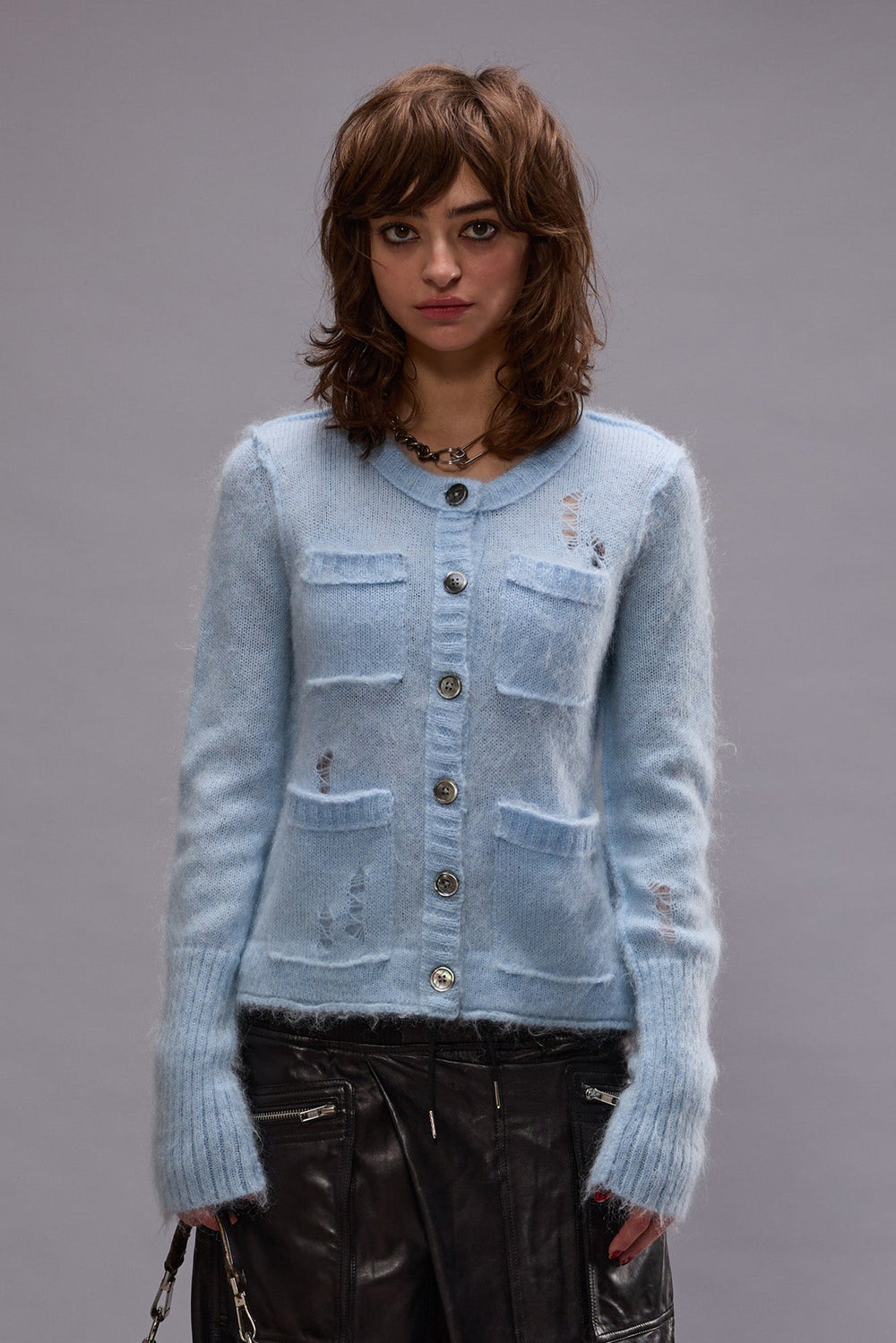 ELONGATED SHRUNKEN CREWNECK CARDIGAN - LIGHT BLUE | R13 sale