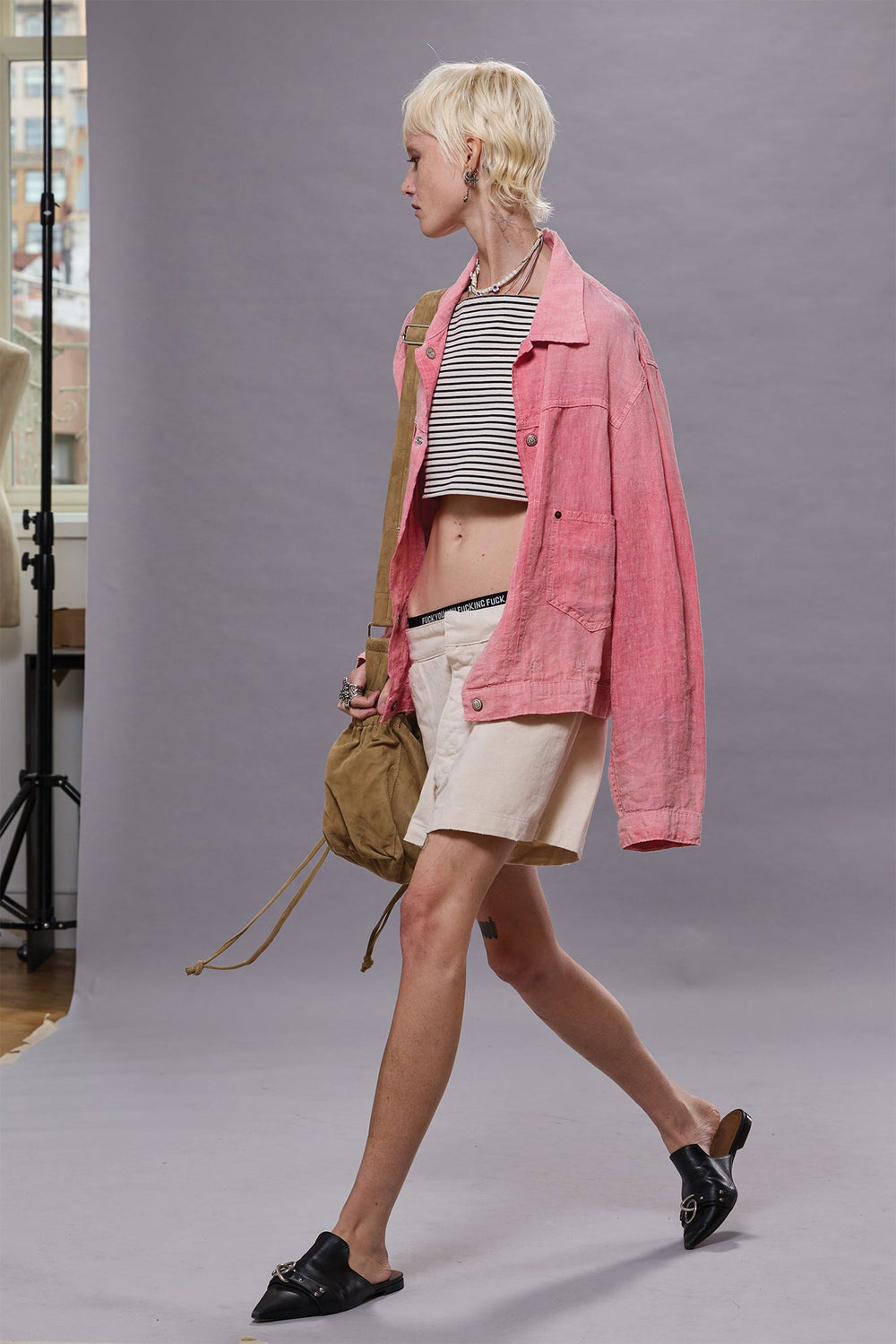 RELAXED PLEATED TRUCKER JACKET - CORAL LINEN CHAMBRAY | R13 outlet