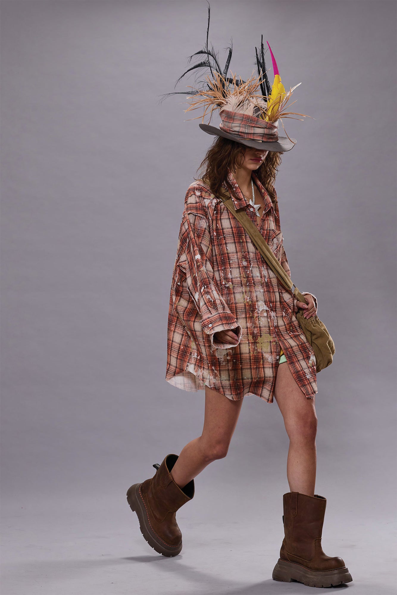 SHREDDED SEAM DROP NECK SHIRT - ORANGE PLAID WITH PAINT SPLATTER | R13 discount