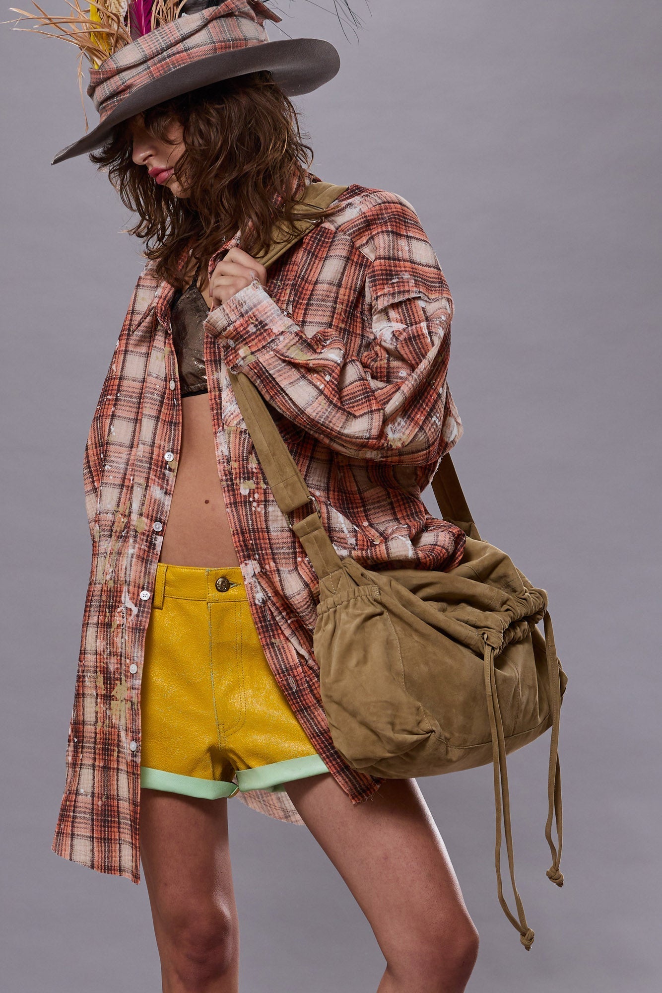 SHREDDED SEAM DROP NECK SHIRT - ORANGE PLAID WITH PAINT SPLATTER | R13 discount