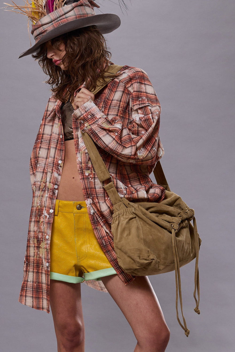 SHREDDED SEAM DROP NECK SHIRT - ORANGE PLAID WITH PAINT SPLATTER | R13 discount