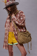 SHREDDED SEAM DROP NECK SHIRT - ORANGE PLAID WITH PAINT SPLATTER | R13 discount