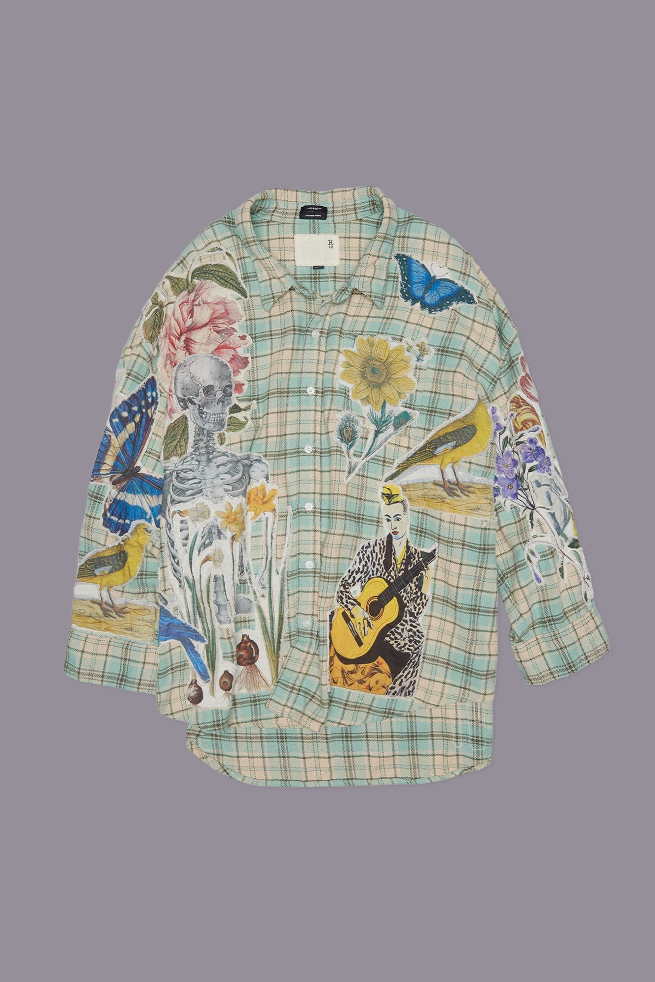 DROP NECK SHIRT - LIGHT GREEN PLAID W/ APPLIQUE | R13 sale