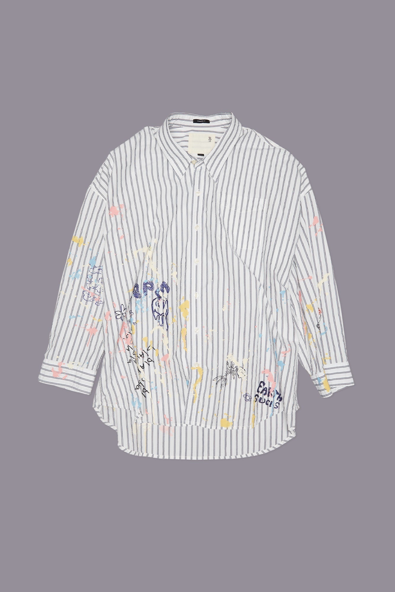 DROP NECK SHIRT - NAVY STRIPE PAINT SPLATTER SCRIBBLES | R13 for sale