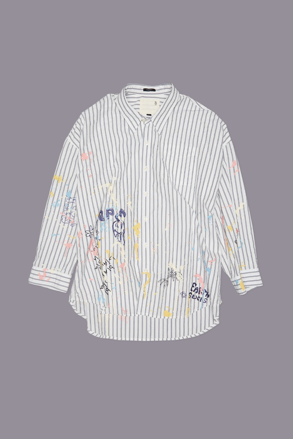DROP NECK SHIRT - NAVY STRIPE PAINT SPLATTER SCRIBBLES | R13 for sale
