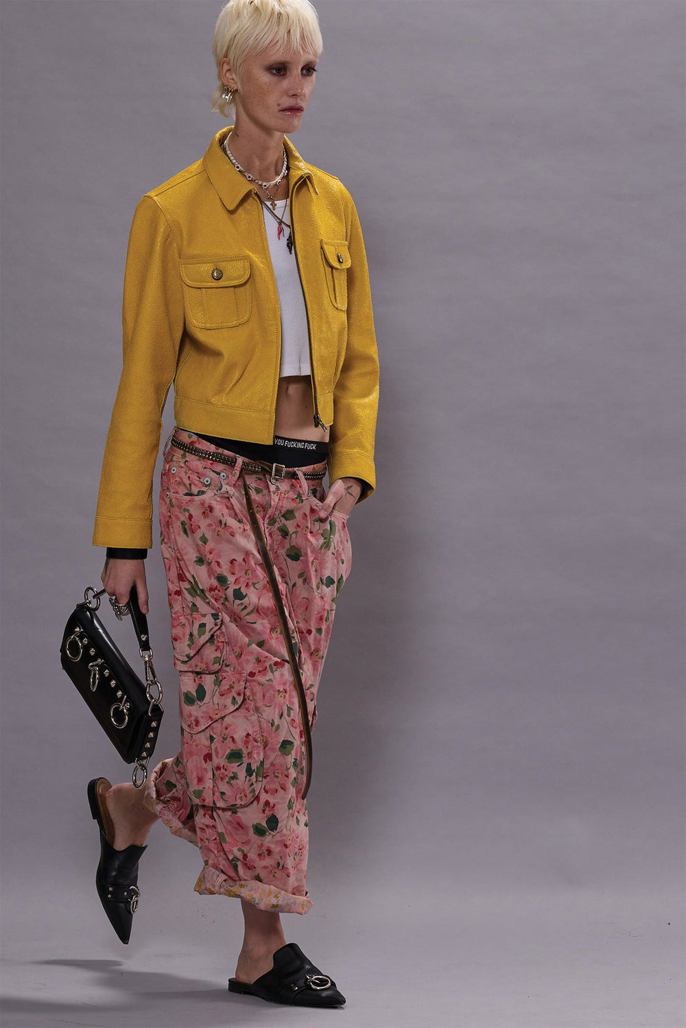 CROPPED SHRUNKEN ZIP-UP LEATHER JACKET - YELLOW / AQUA | R13 outlet
