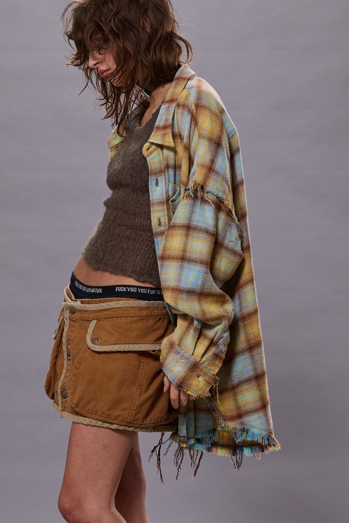 SHREDDED SEAM DROP NECK SHIRT - LIGHT BLUE/YELLOW PLAID | R13 ONLINE