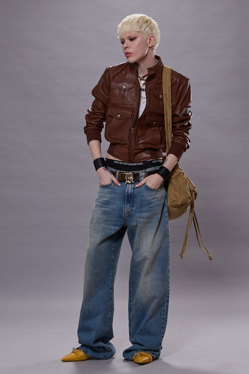 SHRUNKEN ZIP-UP LEATHER JACKET - BROWN | R13 US