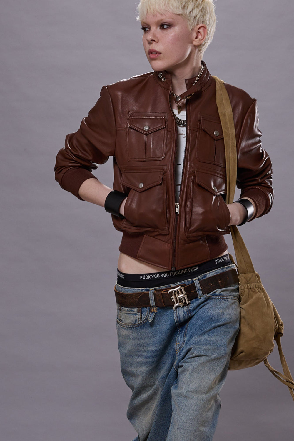 SHRUNKEN ZIP-UP LEATHER JACKET - BROWN | R13 US