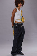TRIPLE PLEAT CROSSOVER TROUSER - DARK NAVY STRIPE | R13 ONLINE