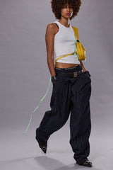 TRIPLE PLEAT CROSSOVER TROUSER - DARK NAVY STRIPE | R13 ONLINE