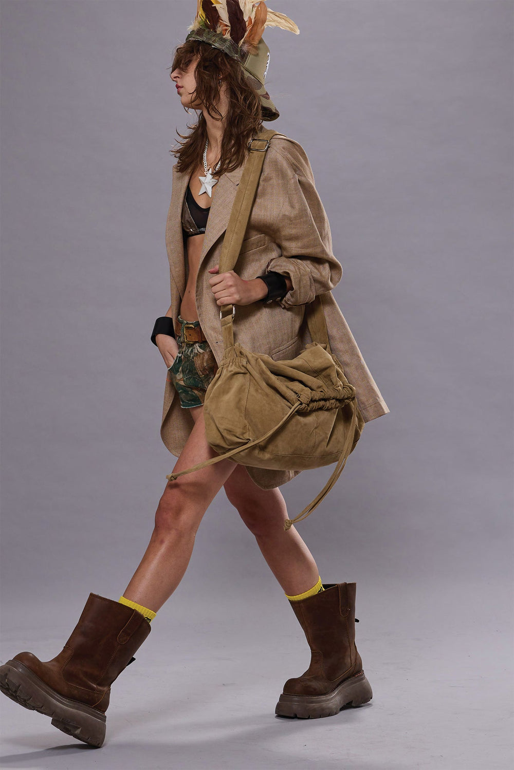 OVERSIZED RAGGED BLAZER - BROWN HERRINGBONE | R13 ONLINE