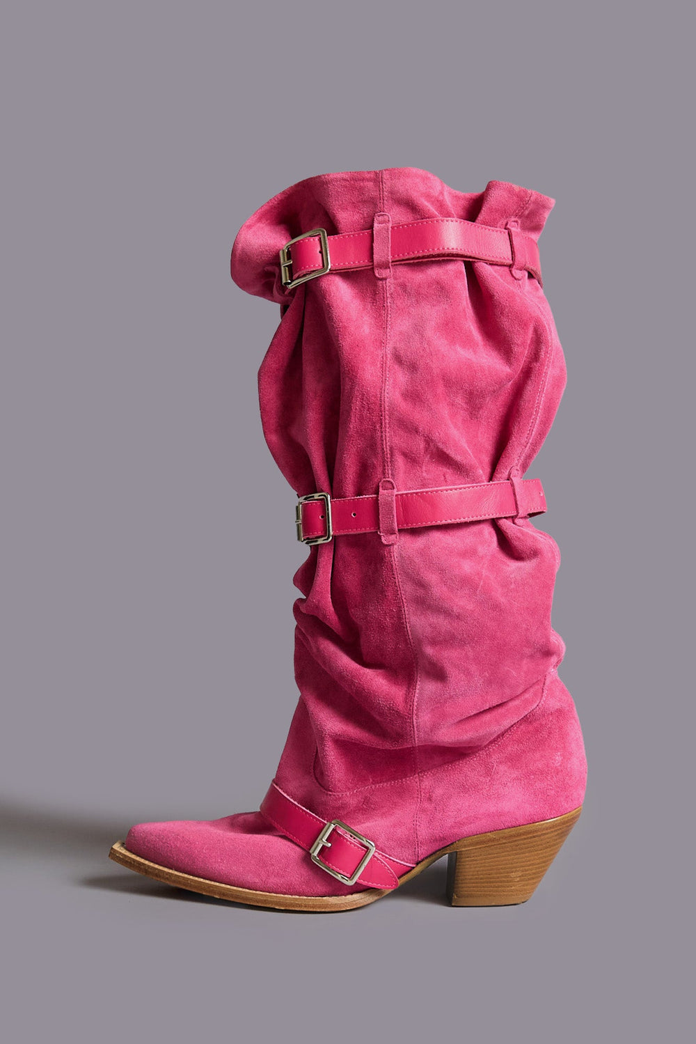 BUCKLED-UP SLOUCH COWBOY BOOT - BRIGHT PINK SUEDE | R13 US