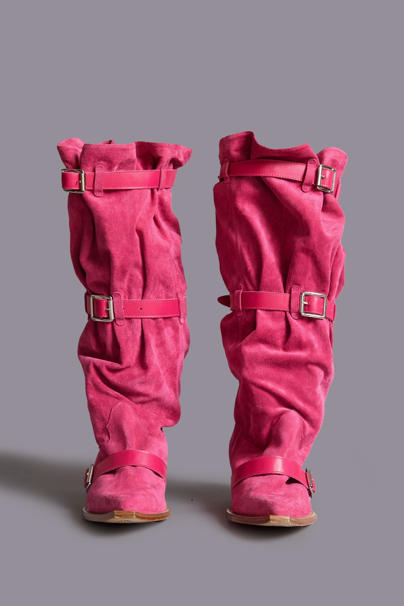 BUCKLED-UP SLOUCH COWBOY BOOT - BRIGHT PINK SUEDE | R13 US