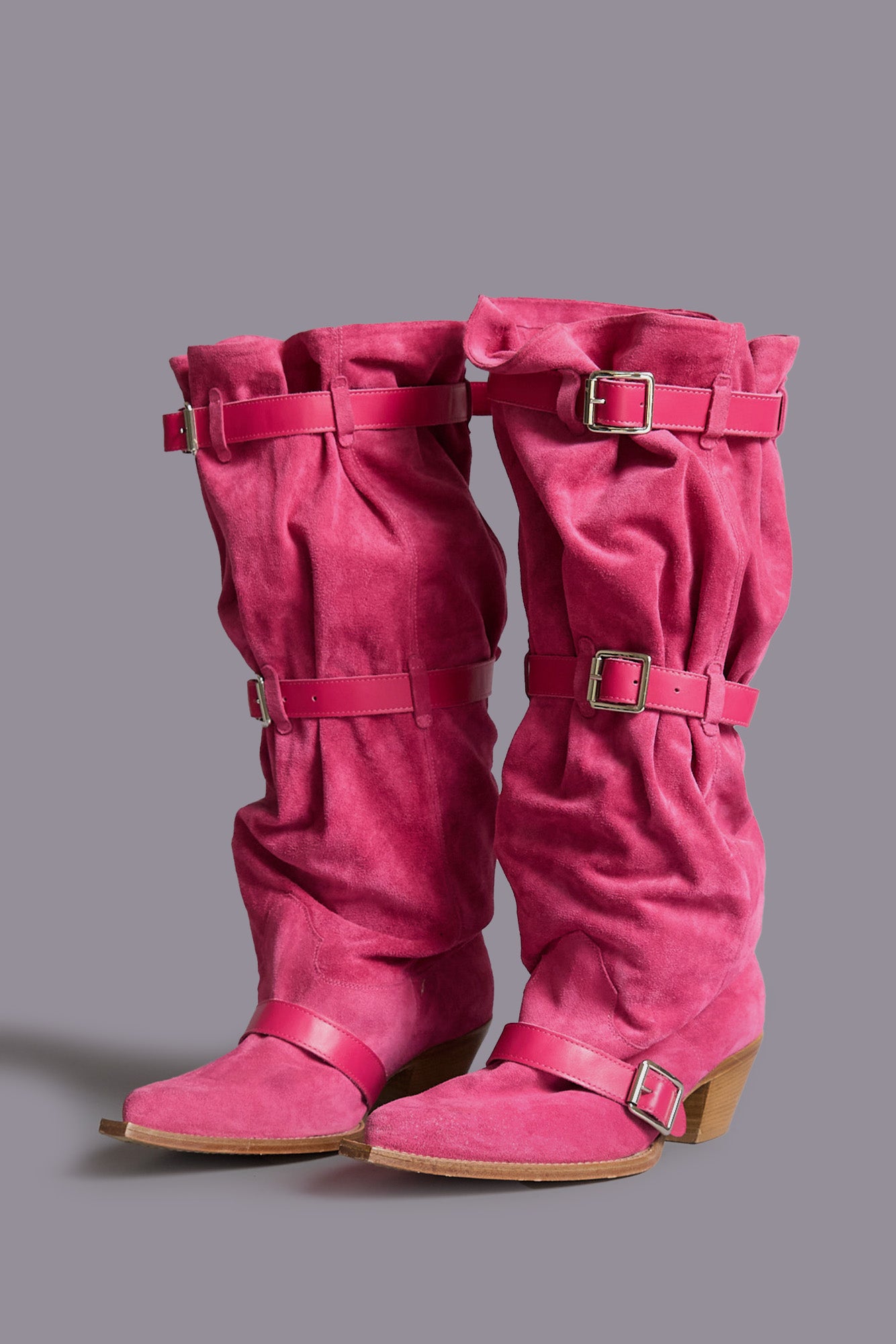 BUCKLED-UP SLOUCH COWBOY BOOT - BRIGHT PINK SUEDE | R13 US