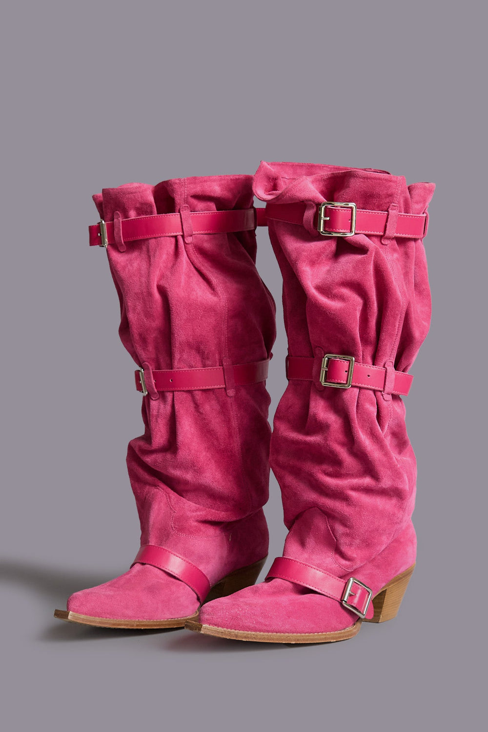 BUCKLED-UP SLOUCH COWBOY BOOT - BRIGHT PINK SUEDE | R13 US