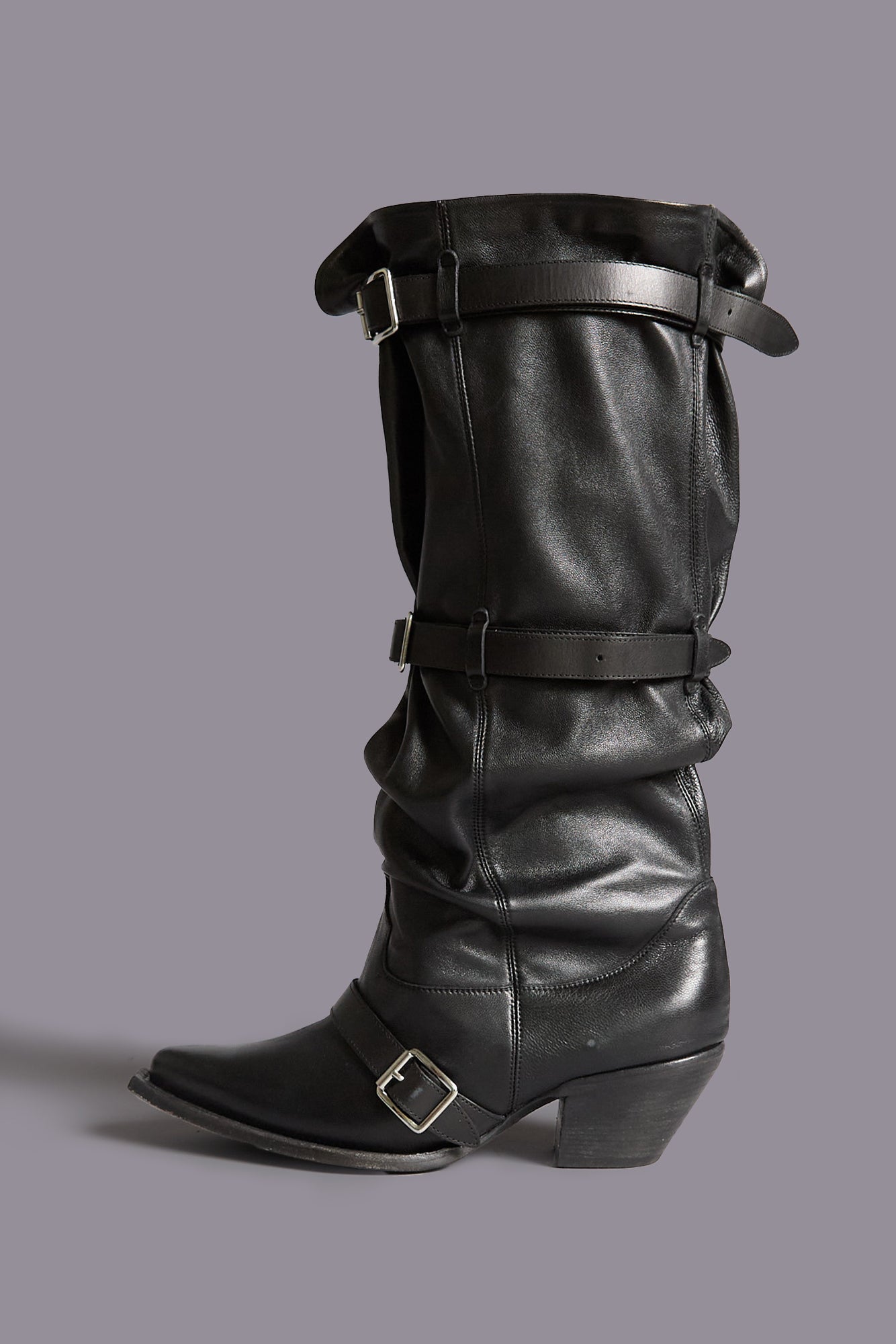 BUCKLED-UP SLOUCH COWBOY BOOT - BLACK | R13 US