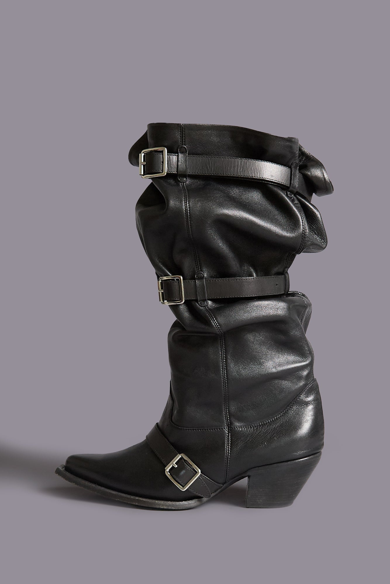 BUCKLED-UP SLOUCH COWBOY BOOT - BLACK | R13 US