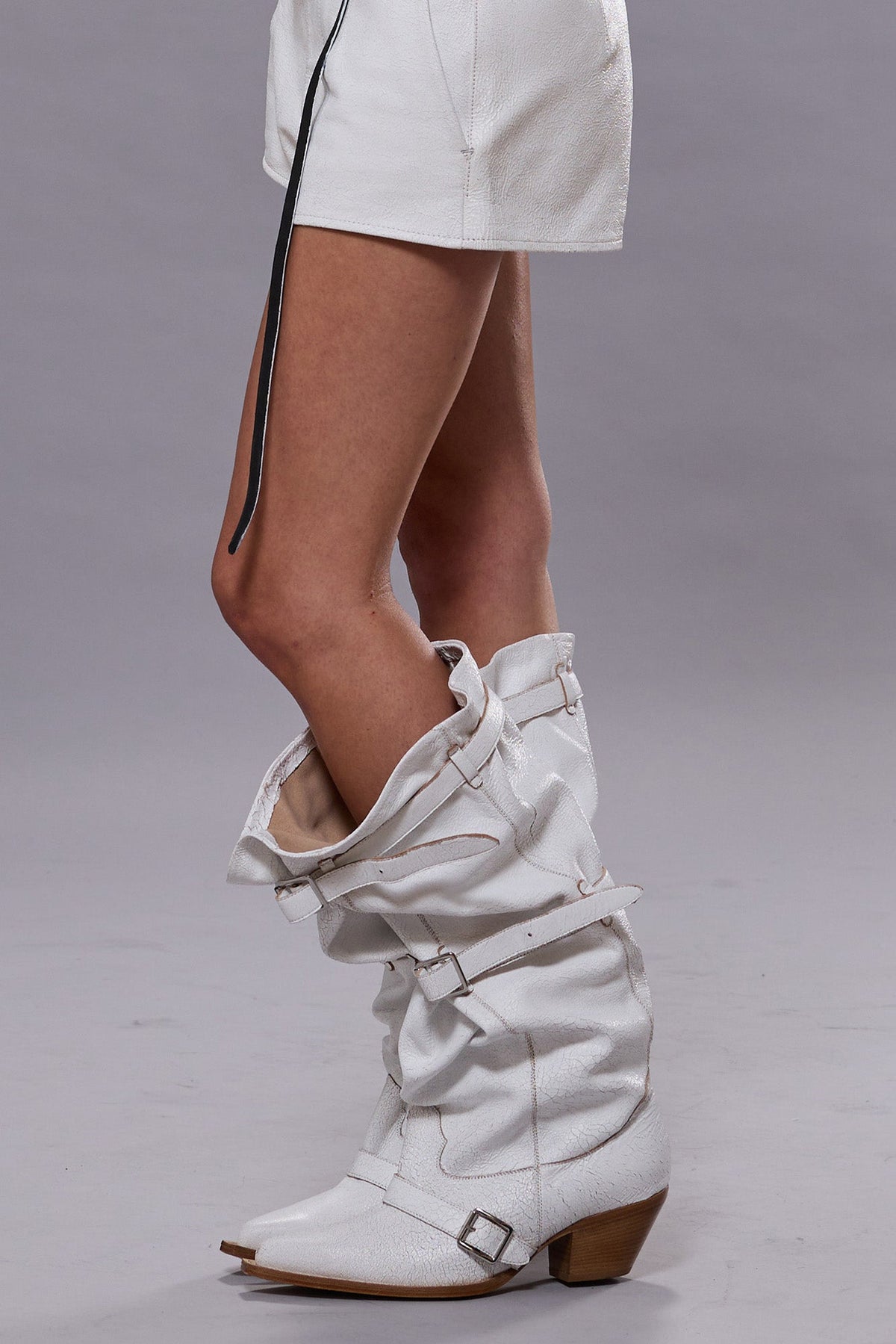 BUCKLED-UP SLOUCH COWBOY BOOT - CRACKLE WHITE | R13 for sale