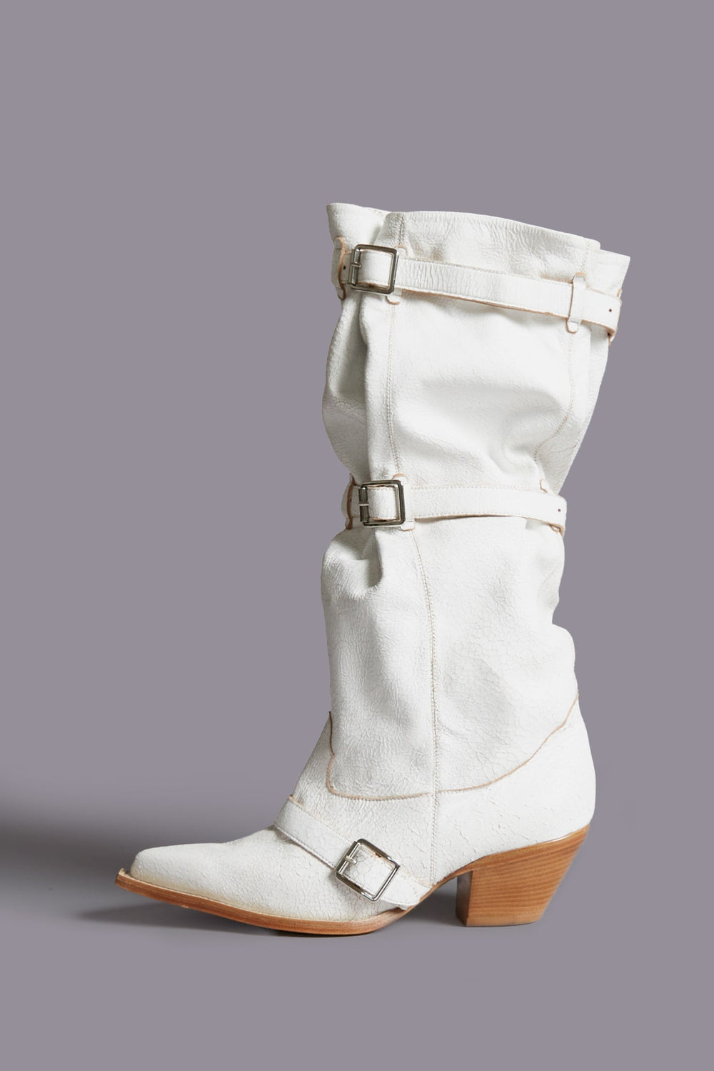 BUCKLED-UP SLOUCH COWBOY BOOT - CRACKLE WHITE | R13 for sale