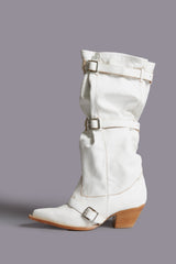 BUCKLED-UP SLOUCH COWBOY BOOT - CRACKLE WHITE | R13 for sale