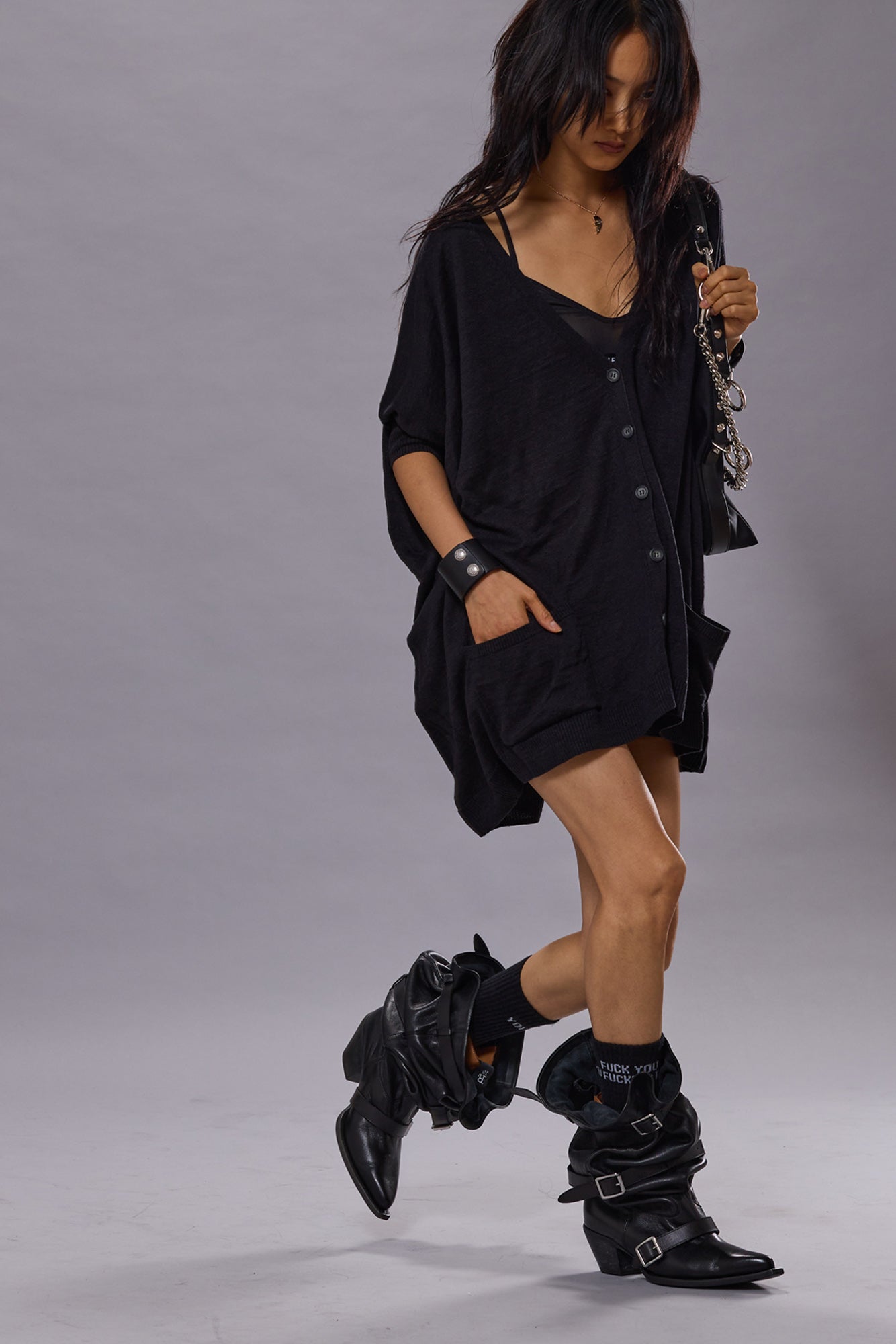 BOXY CARDIGAN DRESS - BLACK | R13 US