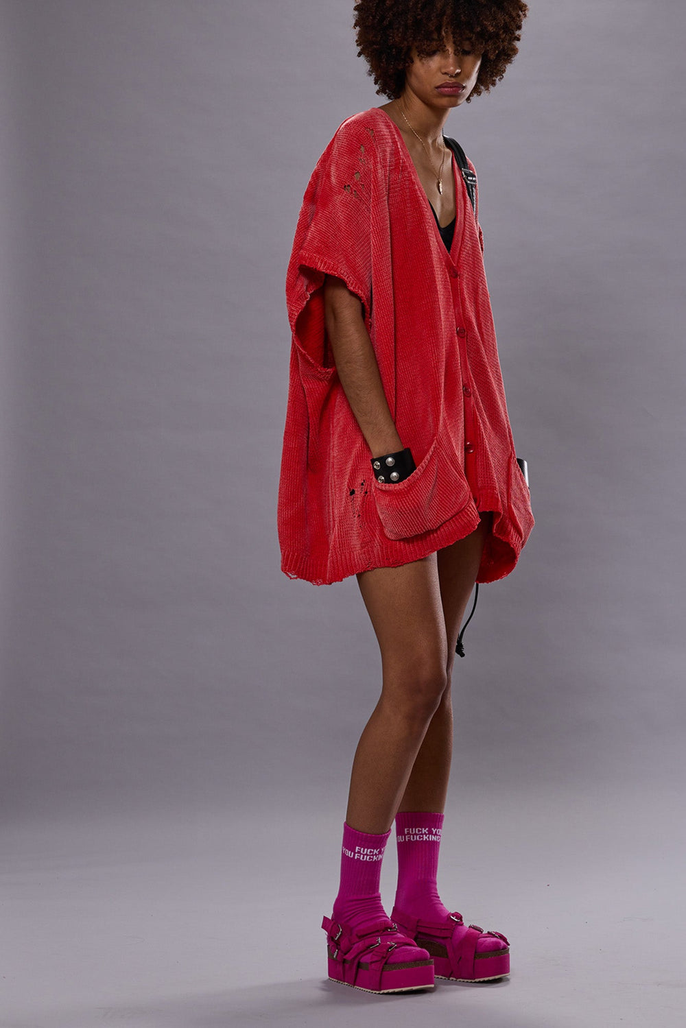 SLEEVELESS BOXY CARDIGAN DRESS - RED | R13 for sale