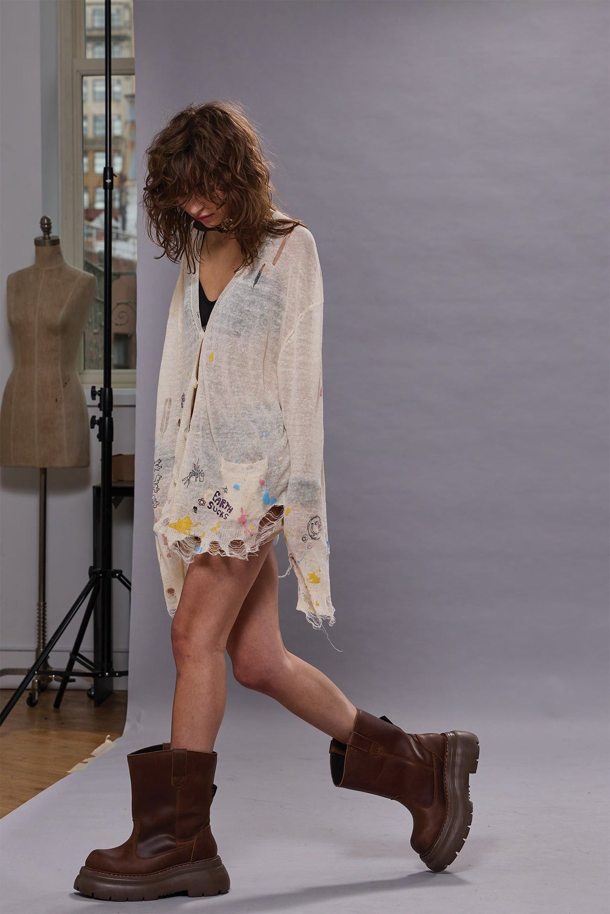 BOYFRIEND CARDIGAN - CREAM WITH PAINT SPLATTER AND SCRIBBLES | R13 discount