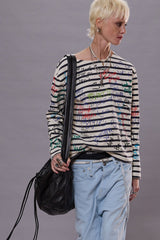 END OF THE YEAR LONG SLEEVE TEE - NAVY/ECRU WIDE STRIPE W/ SCRIBBLES | R13 near me